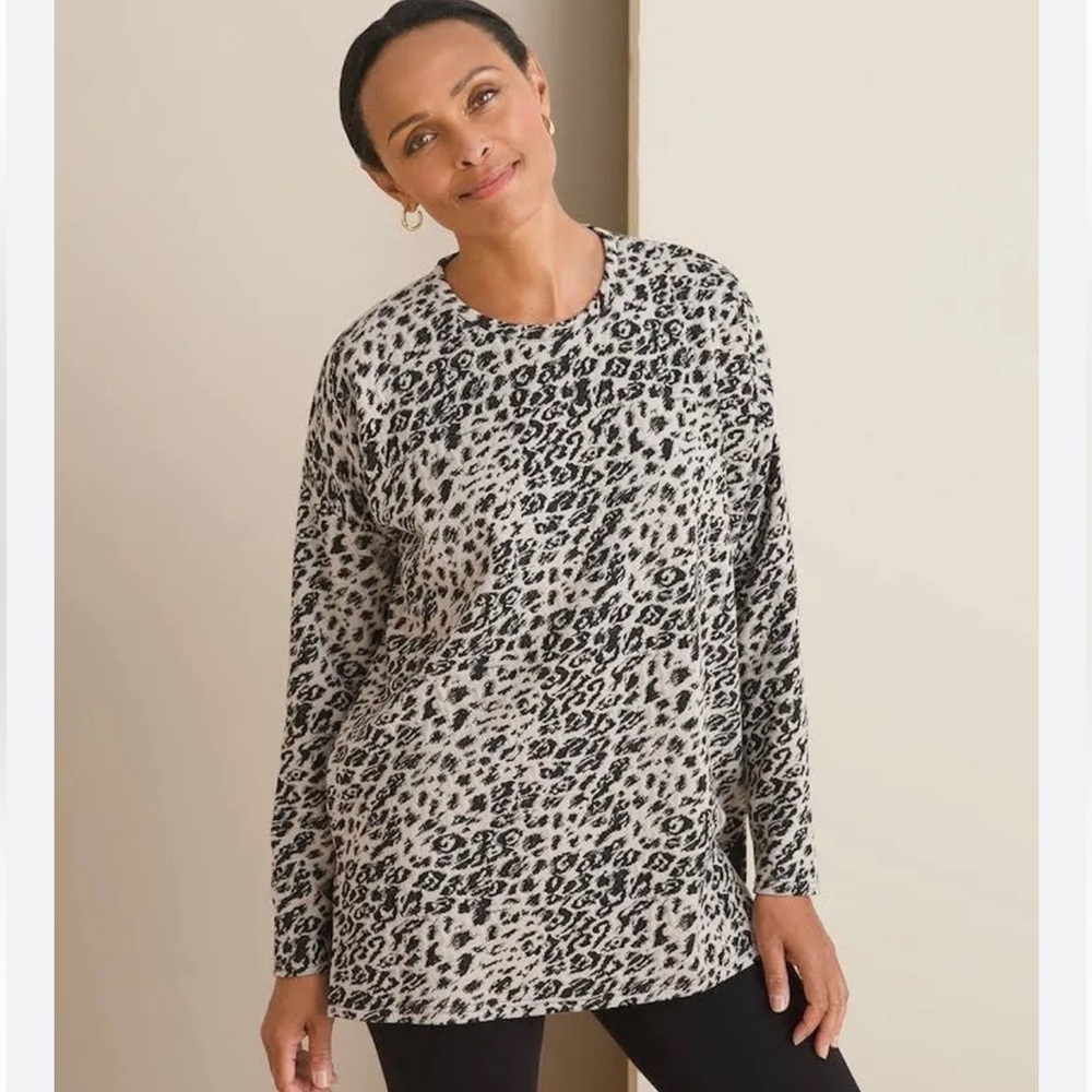Chicos | Black Beige Animal Print 3/4 Sleeve Structured Tunic Knit Top Size L